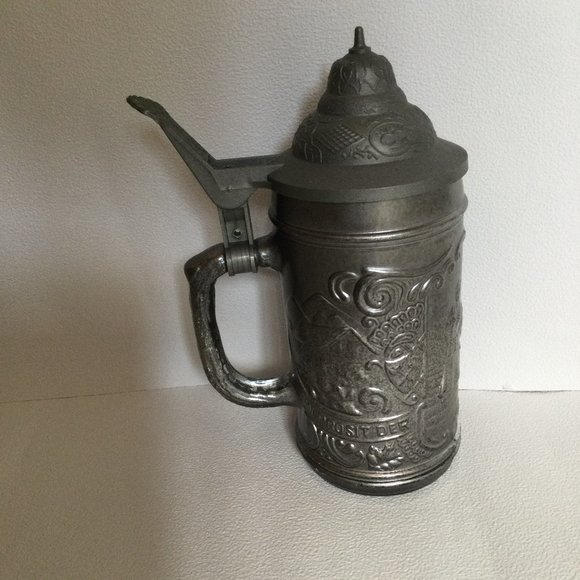 German Ein Prosit Der Gemutlichkeit Molded Glass Plastic Lid Beer Steins - Picture 1 of 5